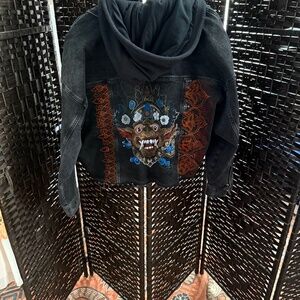 Hollister Cropped Black Jean Denim Jacket XL Handpainted Barong Bali